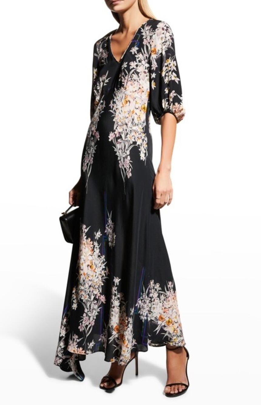NEW Robert Graham Leah Japanese Floral Silk Blend Maxi Dress Black Small